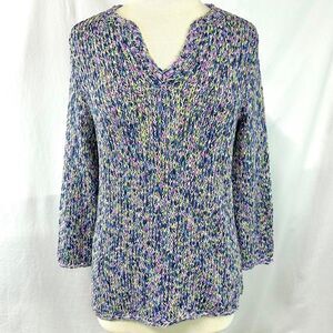 SIGRID OLSEN 100% Cotton Rainbow‎ Knit V Neck Sweater Women's M Petite Retro 90s